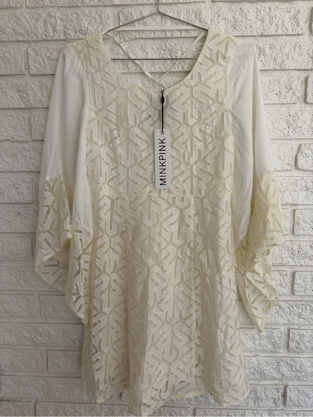 MINKPINK Cream Lace Boho Bell-Sleeve Tunic Dress